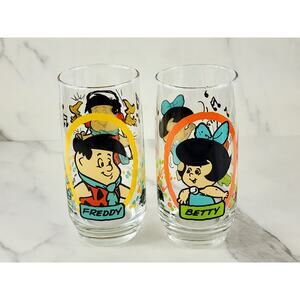 The Flintstone Kids Tall Glasses Freddy Betty 5 3/4" Pizza Hut 12oz 1986 x2 Vtg
